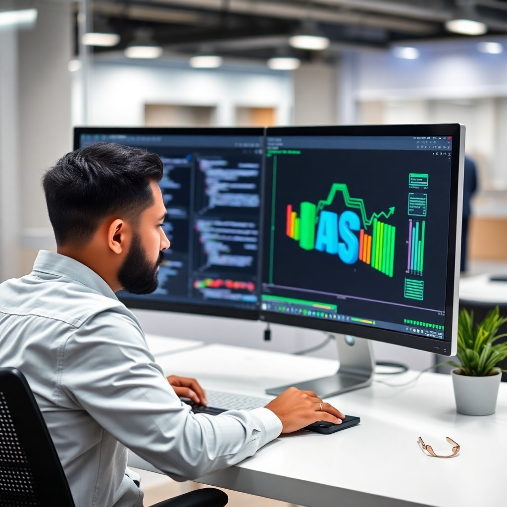 Espacio de trabajo futurista con interfaces holográficas de desarrollo de software